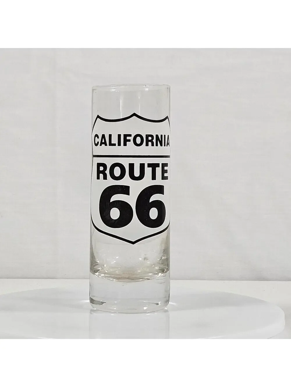 Vintage California Route 66 Shot Glass Clear Tall Shooter Glass Road Sign
